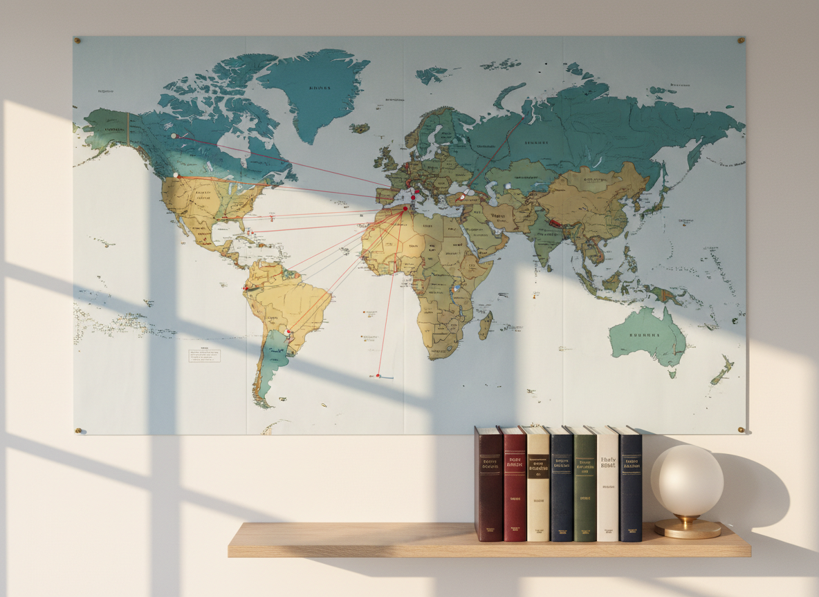 A large world map printed in muted blues and earth tones pinned to a clean white wall, with a thin red string neatly connecting a small marker at Liaoyuan to multiple overseas locations across the continents. Below the map on a light‑oak shelf sit several closed Bibles in different language editions, their varied covers and subtle embossing visible. A small, unlit globe lamp adds visual interest. Warm afternoon light from an unseen window to the left creates soft side lighting, casting gentle shadows of the strings on the wall and giving depth to the scene. Photographic realism with a slightly wide lens, eye‑level composition, and a calm, hopeful mood, symbolizing overseas gatherings and the testimony of the one Body of Christ spreading from a local city to the nations.