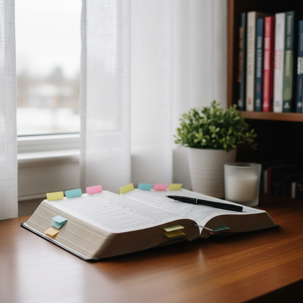 A close‑up, photographic image of a tidy wooden desk prepared for daily spiritual devotion, positioned near a window. An open Bible lies centered, its pages lined with neatly placed, pastel‑colored sticky tabs and a fine‑tipped pen resting diagonally across a margin. To the right sits a small, unlit candle in a frosted glass holder and a modest potted green plant in a white ceramic pot, adding life and freshness. Soft, overcast daylight filters through a sheer curtain, producing gentle, shadowless illumination that highlights the paper texture and ink lines. Shot from a shallow, three‑quarter angle with a moderate depth of field so the background bookshelf of neatly arranged Christian titles softly blurs. The mood is intimate, focused, and peaceful, ideal for illustrating personal study in the context of the local church.