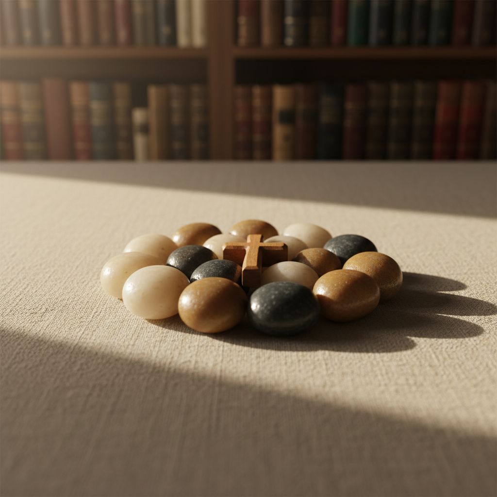 An abstract yet photographic representation of the Body of Christ as a diverse, unified community without using human figures. A collection of smooth, differently colored polished stones—ivory, slate, warm brown, and soft gold—are carefully arranged in a tight circle on a linen‑covered table. At the very center lies a small, finely carved wooden cross, its edges slightly rounded from gentle wear. The background shows a blurred bookshelf with Bibles and hymnals in various bindings, suggesting spiritual richness. Warm, late‑afternoon sunlight falls diagonally across the scene, catching subtle reflections on each stone and casting soft overlapping shadows that visually connect them. Shot from a low, close angle with shallow depth of field, the mood is warm, harmonious, and reverent, symbolizing many local saints joined as one in Christ.