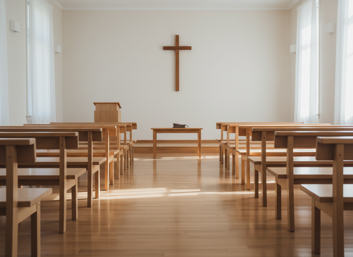 A simple, serene meeting hall interior designed for local church gatherings, captured in photographic realism. Long rows of unoccupied light‑wood benches face a plain front wall with a single unobtrusive wooden cross mounted high, its surface matte and finely grained. No stage lights or decorations, only a small lectern and a low table with a closed Bible centered on it. Soft, diffused daylight enters from tall side windows with sheer white curtains, creating gentle streaks of light on the polished floor and benches. Shot from the back at eye level with a slightly wide angle, keeping the entire room in sharp focus. The atmosphere is quiet, reverent, and orderly, emphasizing simplicity, holiness, and the corporate worship of the local church without any human figures.