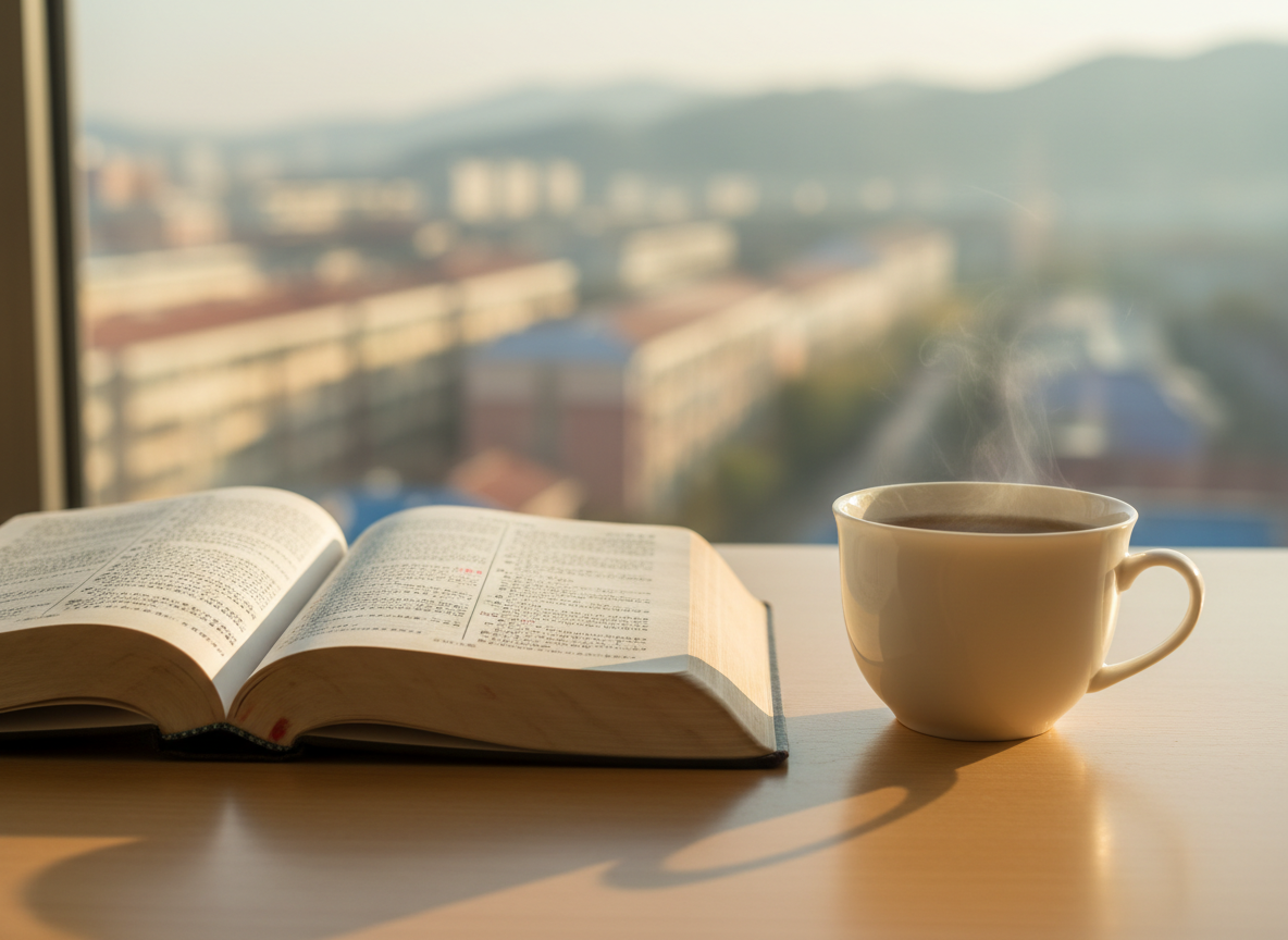 A well‑worn Chinese Bible lying open on a smooth, light‑wood table, its thin pages slightly curved and delicately textured, with fine red chapter markers visible along the edges. Beside it rests a simple, unadorned ceramic cup of tea, faint steam rising. The scene is set near a large window overlooking a soft, out‑of‑focus cityscape of Liaoyuan, with distant hills and low buildings. Gentle morning sunlight streams in, casting warm, elongated shadows and subtle highlights on the page folds. Photographic realism at eye level, with shallow depth of field keeping the open Scriptures in crisp focus while the background melts into a peaceful bokeh, creating a calm, reverent, and contemplative atmosphere suitable for daily spiritual reading.
