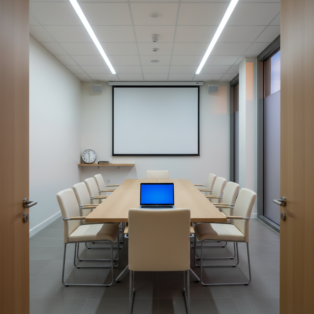 A panoramic, photographic view of a modern, bright conference room arranged for an online overseas church fellowship. At the center stands a long, light‑wood table with a single slim laptop open, its screen turned away to avoid visible text or faces. Around it are neatly spaced, empty fabric chairs, angled slightly inward to suggest participation. On the far wall, a large, blank projection screen hangs above a small shelf holding a closed Bible and a simple analog clock. Cool, balanced LED ceiling lights combine with faint evening light from a side window, producing soft, even illumination without harsh shadows. Captured from the doorway at eye level with a wide angle, everything in focus, conveying readiness, connection, and a professional yet spiritual atmosphere for cross‑border gatherings.