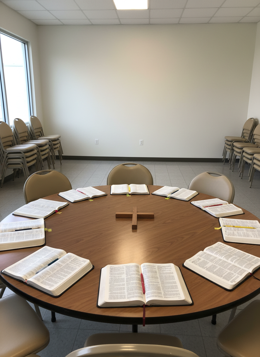 A circular wooden table representing Christian fellowship, seen from a slightly elevated angle, with several open Bibles and neatly arranged notebooks radiating from the center like spokes, but no human presence. In the middle, a simple wooden cross lies flat, its grain clearly visible. The setting is a modest, bright meeting room with white walls, a clean tiled floor, and neatly stacked chairs pushed to the edges, suggesting a prepared gathering space. Soft overhead lighting combines with diffused daylight from side windows, producing an even, welcoming glow and gentle reflections on the table surface. Photographic realism, balanced composition using the rule of thirds, with sharp focus throughout to emphasize shared study and unity in the local church without showing people.